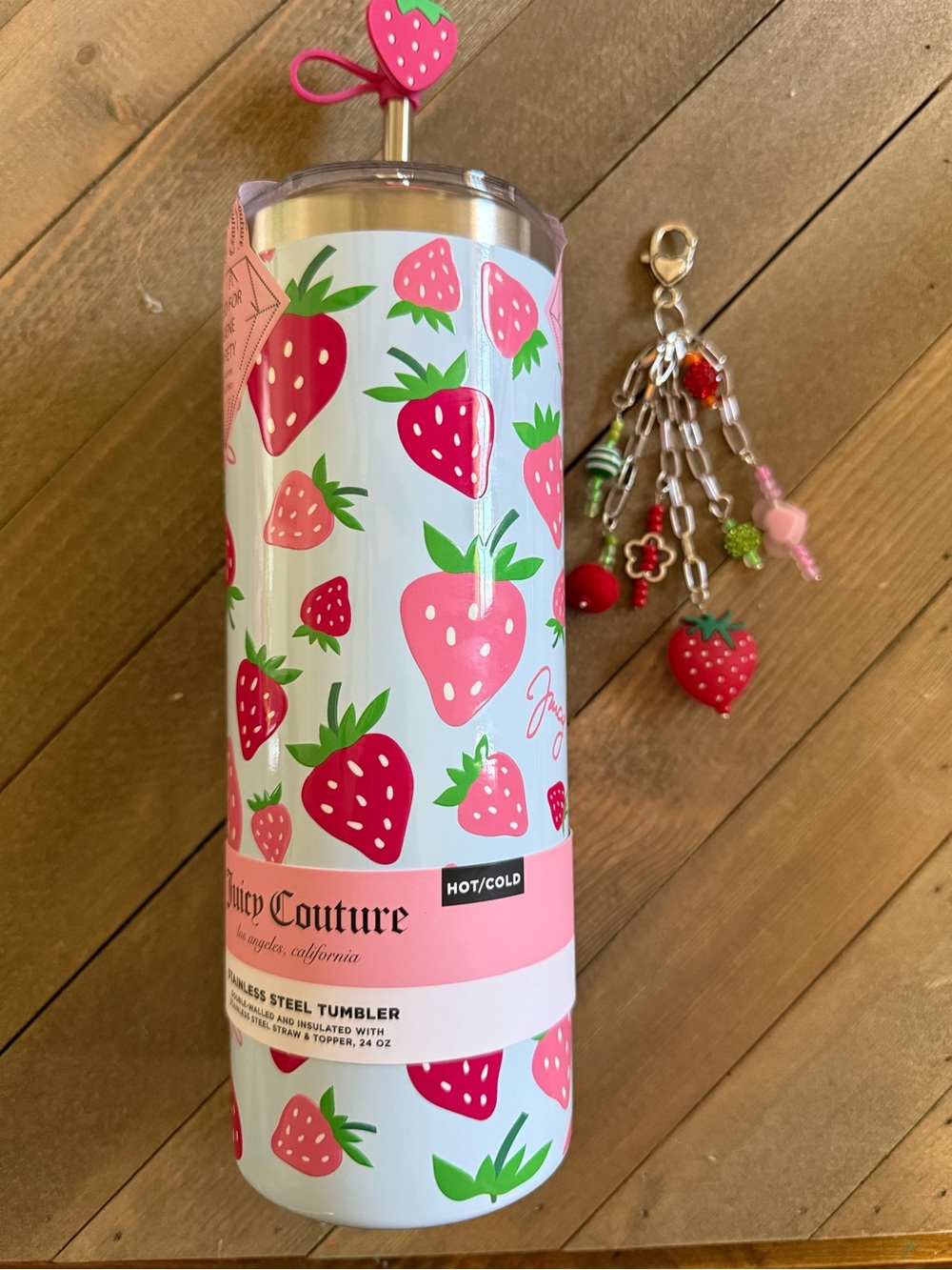 ADORABLE JUICY COUTURE STRAWBERRY STAINLESS STEEL TUMBLER 24 Oz Key Purse Charm